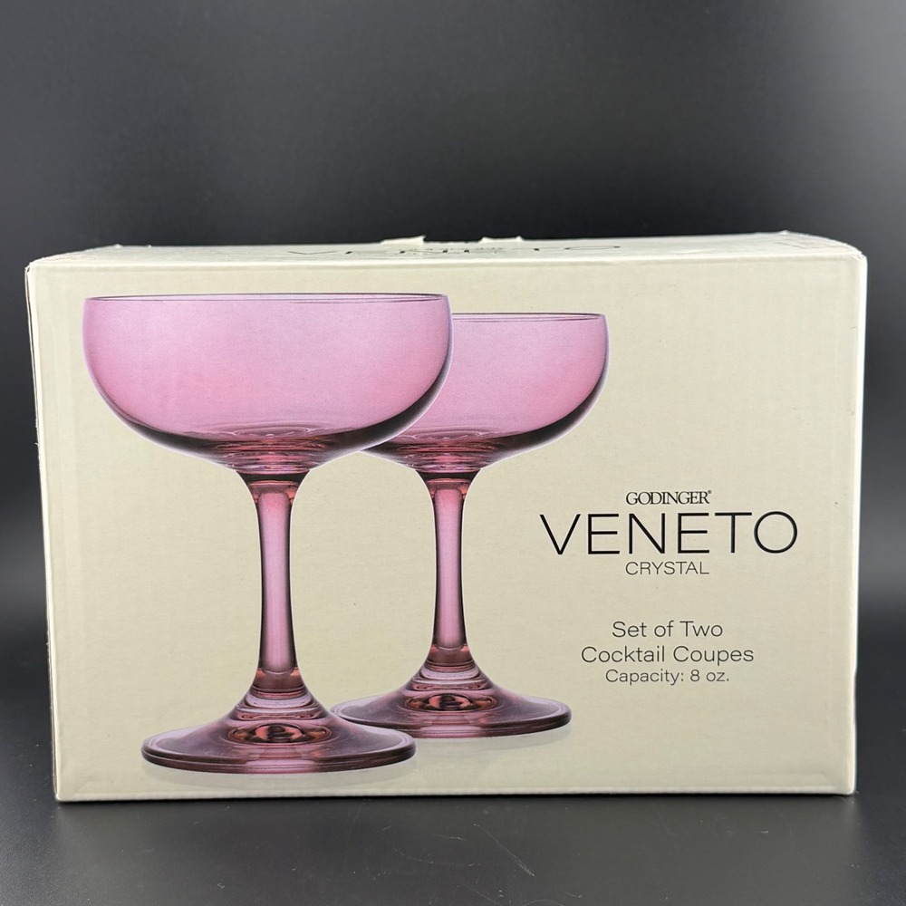 Godinger Cocktail Coupes 8 oz Pink Glasses New In Box Veneto Crystal Set of 2